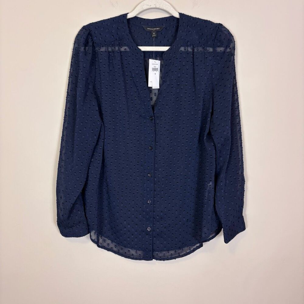 New Banana Republic Blue Textured Button Front Long Sleeve Blouse‎ Top Medium